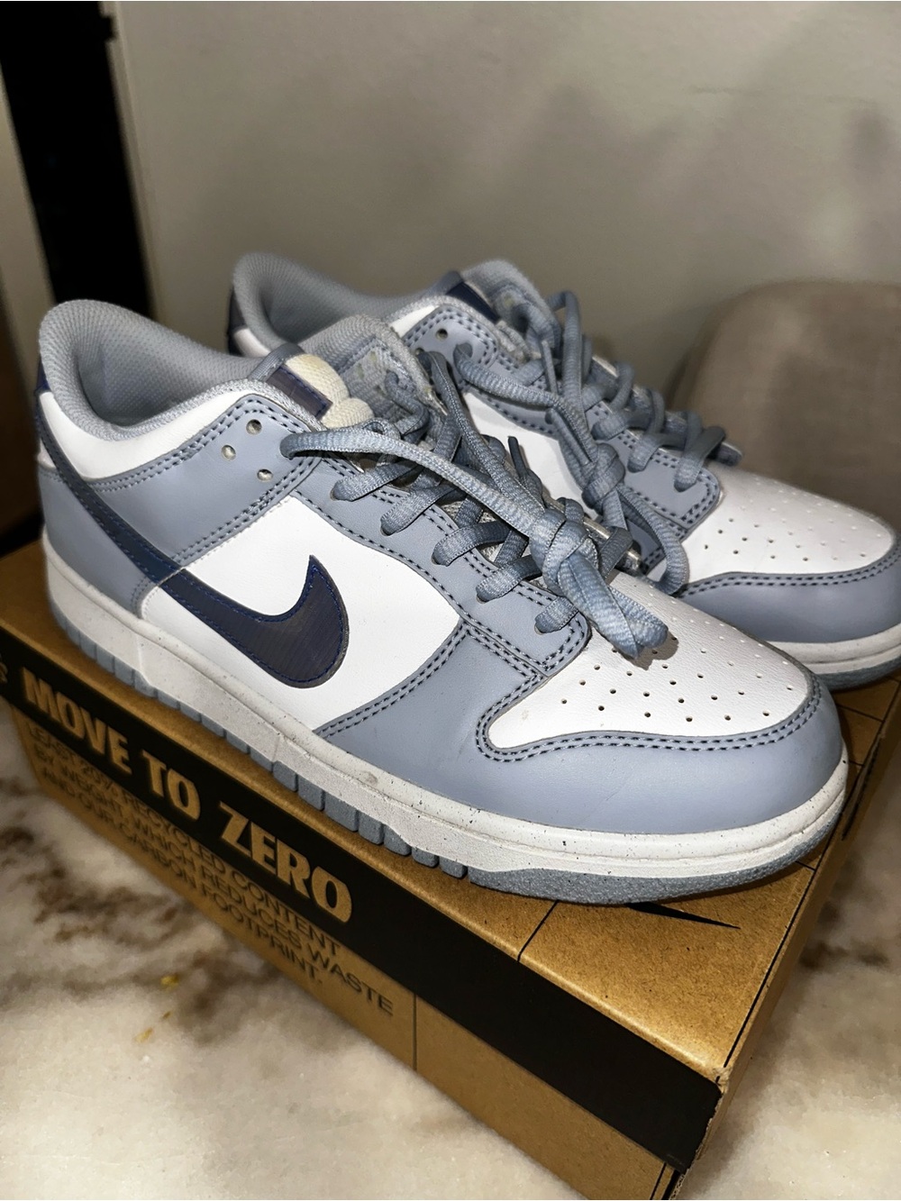 Nike Dunk Low White and Light Blue with Navy Swoosh
